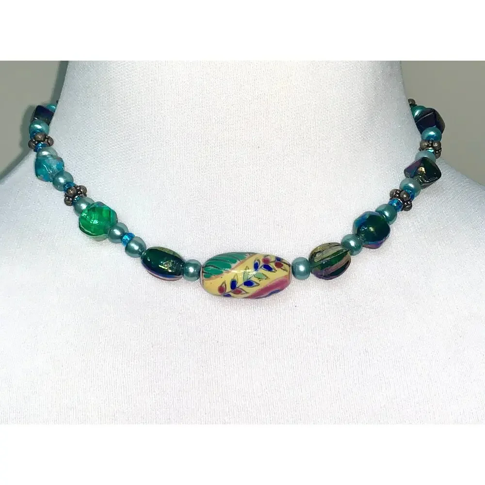 Boho Colorful Painted Iridescent Glass Beaded Choker Statement Necklace